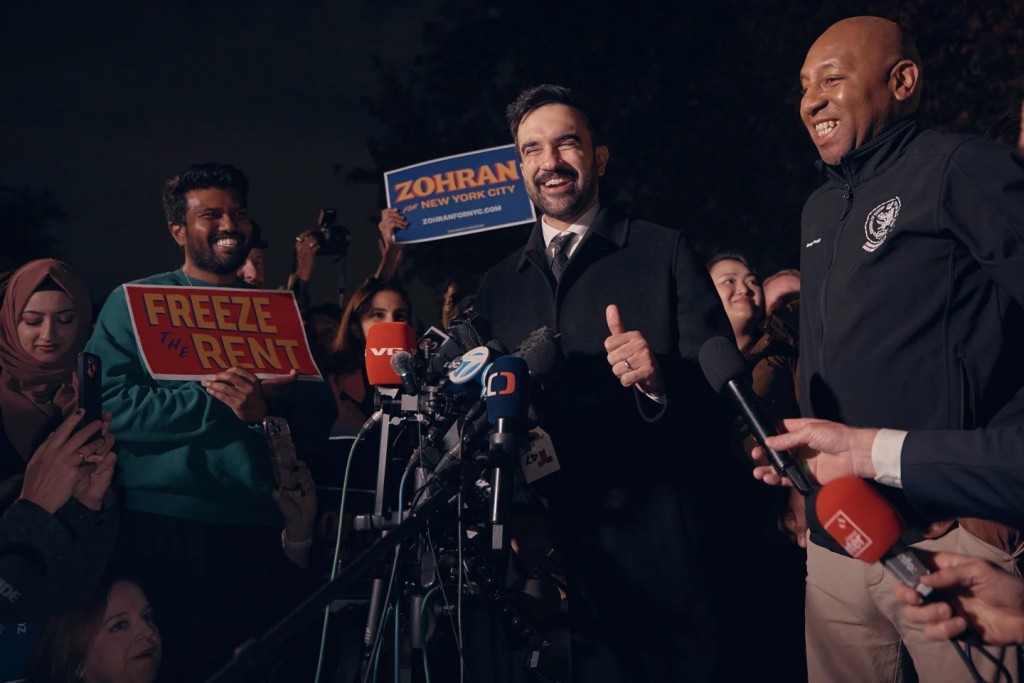 New York mayoral candidate Zohran Mamdani reacts during a press conference at the Dutch Kills Playground on Monday, Nov. 3, 2025, in the Queens borough of New York. (AP Photo/Andres Kudacki)