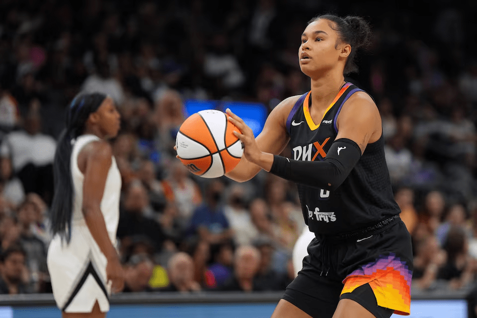Jun 29, 2025; Phoenix, Arizona, USA; Phoenix Mercury forward Satou Sabally (0) shoots against the Las Vegas Aces in the second half at Footprint Center. Mandatory Credit: Rick Scuteri-Imagn Images/File Photo