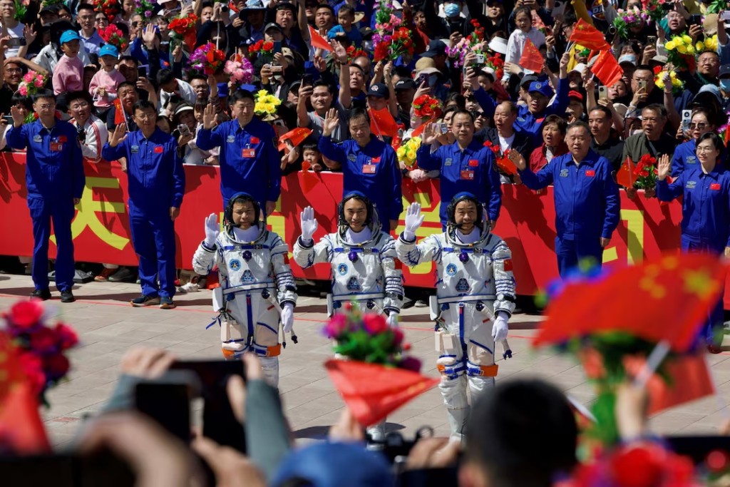 Astronauts Chen Dong, Chen Zhongrui and Wang Jie attend a see-off ceremony for the Shenzhou-20 spaceflight mission at Jiuquan Satellite Launch Center near Jiuquan, Gansu province, China April 24, 2025. China Daily via REUTERS 