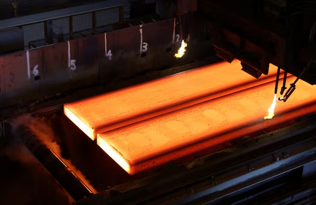 A view of freshly cut slabs of steel at the BlueScope steelworks, Port Kembla, Australia February 9, 2024. (Reuters) A view of freshly cut slabs of steel at the BlueScope steelworks, Port Kembla, Australia February 9, 2024. (Reuters)