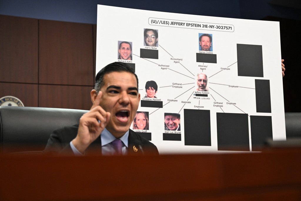 Photo by CHANDAN KHANNA / AFP  US Representative Robert Garcia (D-CA) speaks during a Democrat-led US House Oversight field hearing on the Epstein investigation in West Palm Beach, Florida, on May 12, 2026.