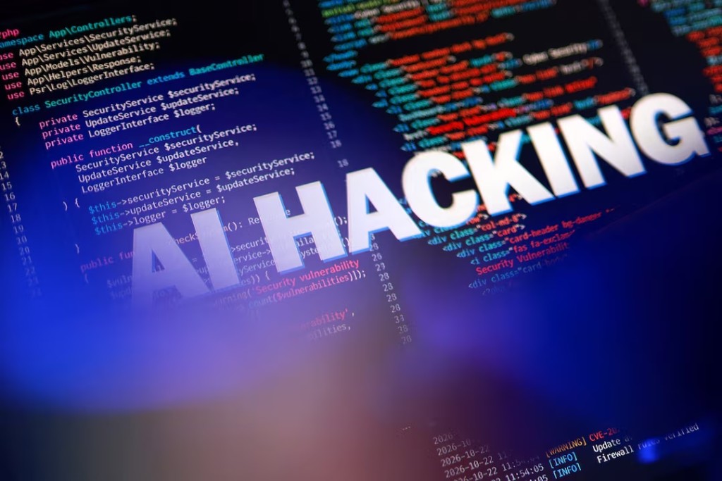 The words "AI Hacking" and PHP code are displayed on a screen in this illustration taken on October 22, 2026. REUTERS/Dado Ruvic/Illustration