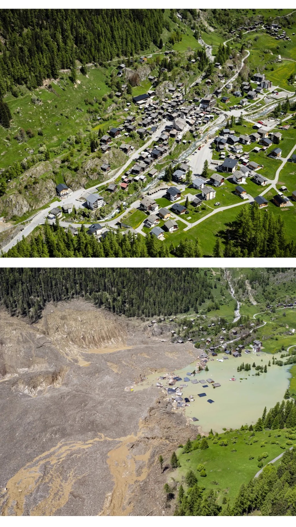 This combo shows the village of Blatten photographed on Friday, May 23, 2025 at the top and the village of Blatten one day after a massive avalanche, triggered by the collapse of the Birch Glacier, at the bottom, showing the destruction it caused as it swept down to the valley floor and demolished the village of Blatten, Switzerland, Thursday, May 29, 2025. (Jean-Christophe Bott/Keystone via AP)