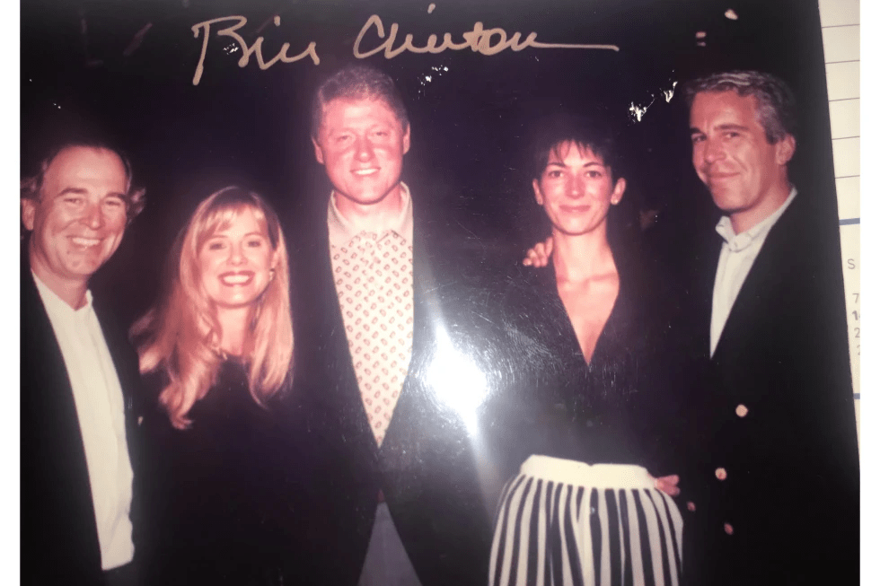 This undated photo released by Democrats on the House Oversight Committee shows former President Bill Clinton, Ghislaine Maxwell and Jeffrey Epstein, with Clinton’s signature at the top of the photo. (House Oversight Committee via AP)