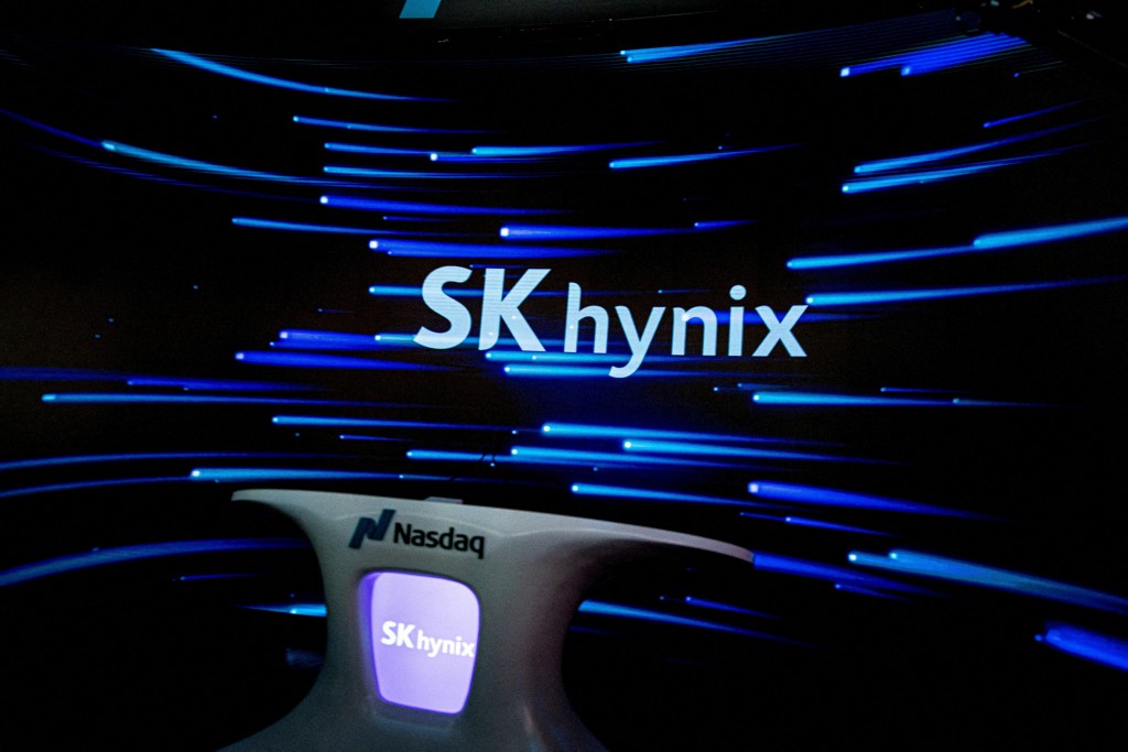 A logo of Semiconductor and memory chip company SK Hynix during the company's debut at the Nasdaq market in New York City, U.S., July 10, 2026. REUTERS