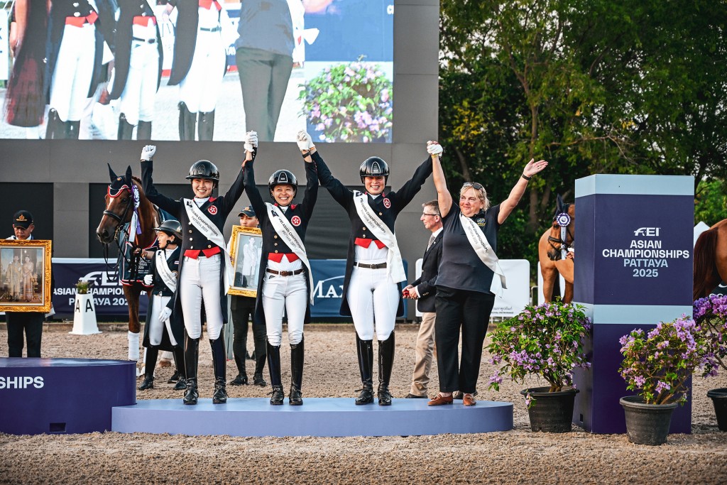 (From left) Samantha Chan, Annie Ho and Jacqueline Siu teamed up in the dressage competition to secure a bronze medal for Hong Kong, China.