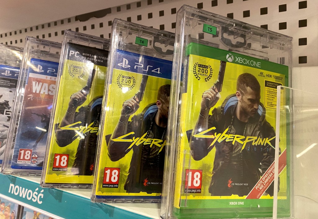 Boxes with CD Projekt's game Cyberpunk 2077 are displayed in Warsaw, Poland, December 14, 2020.