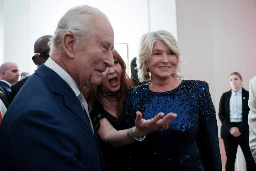 Britain's King Charles III, British entrepreneur Charlotte Tilbury and US businesswoman Martha Stewart attend the Greater Together Reception, partner of King’s Trust at Christie's in New York, on April 29, 2026. (Photo by Spencer Platt / POOL / AFP)