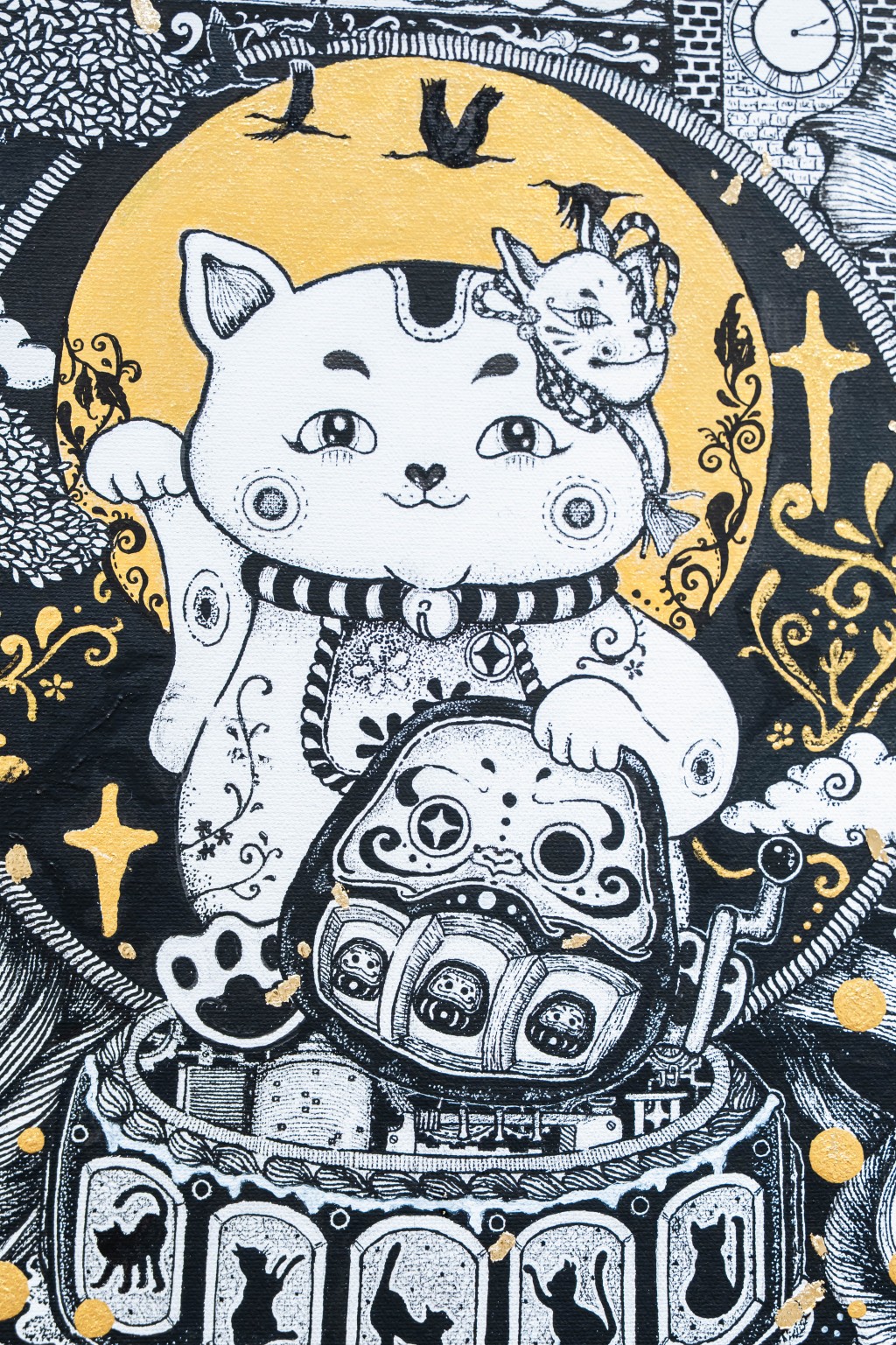Aka continues her signature style of intricate pen-and-ink drawings in black, white and gold, using delicate lines and luminous contrasts to construct a series of visually poetic and narrative-rich scenes.
