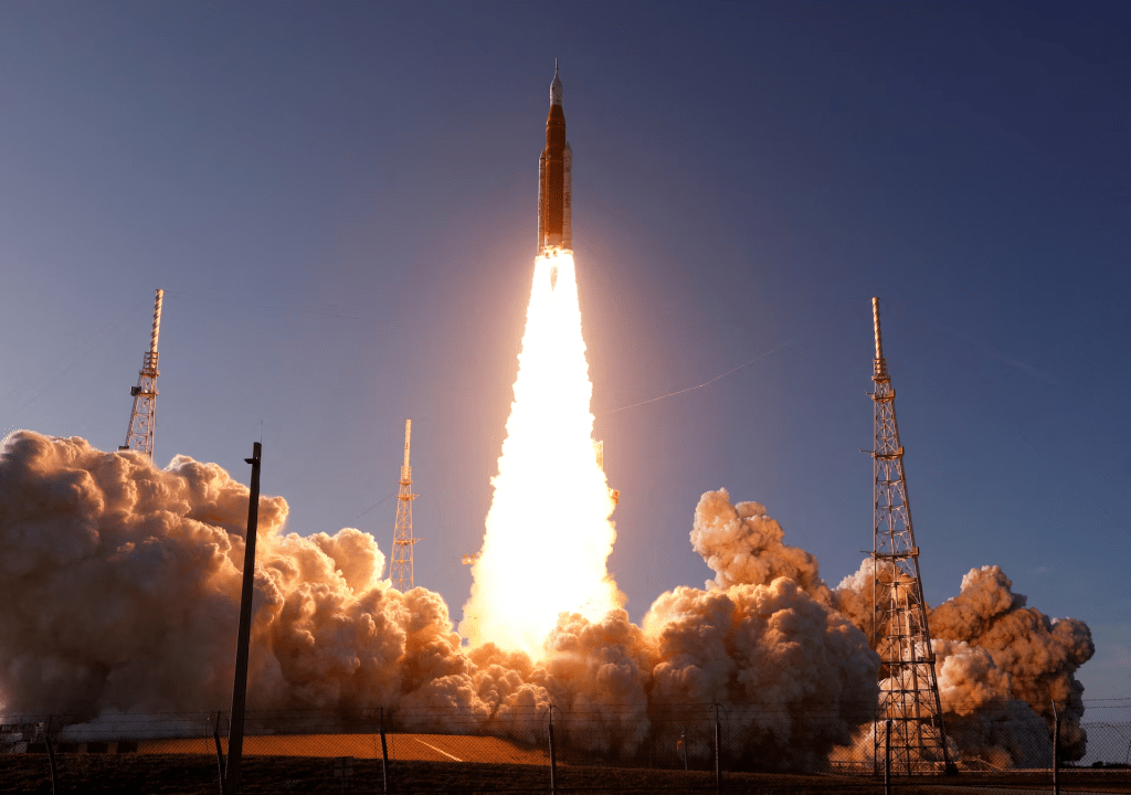 NASA's Artemis II mission to fly by the moon, comprising of the Space Launch System (SLS) rocket with the Orion crew capsule, lifts off from the Kennedy Space Center in Cape Canaveral, Florida, U.S., April 1, 2026. REUTERS/Joe Skipper 
