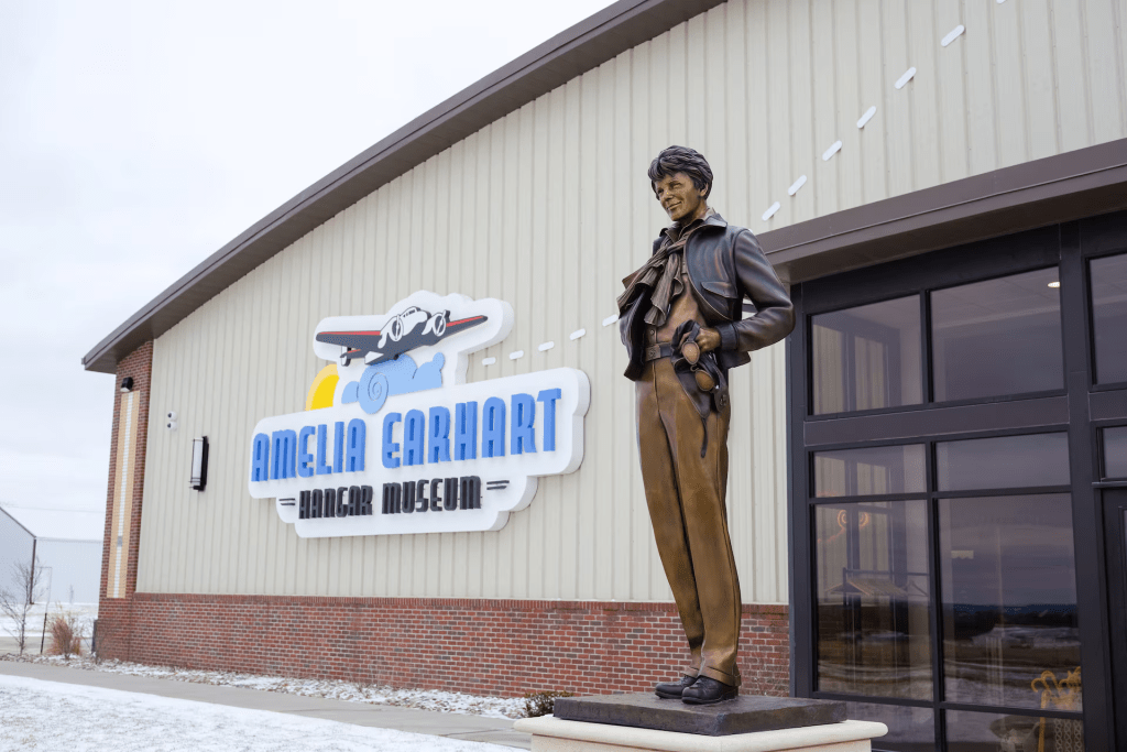 A statue of Amelia Earhart is pictured at the Amelia Earhart Hangar Museum in Atchison, Kansas, U.S. February 16, 2024. REUTERS/Arin Yoon/File Photo