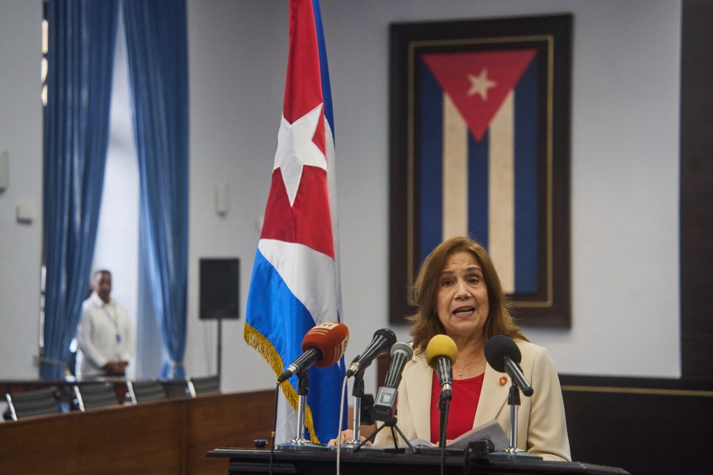 Ana Maria Mari Machado, Vice-President of Cuba's National Assembly of People's Power, speaks to the press at the Capitol in Havana, on May 27, 2026. (Photo by Ramon Espinosa / POOL / AFP)