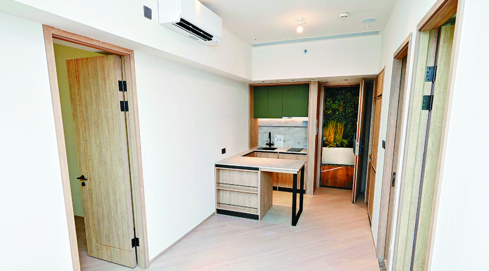 FLEXIBLE SPACE: Unit D2's open kitchen has an island that doubles up as a dining table and workspace.