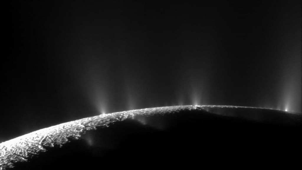 The icy crust at the south pole of Saturn's moon Enceladus, composed as a mosaic from images captured in 2009 by NASA's Cassini spacecraft, with geysers spraying plumes of ice crystals into space from the moon's inner ocean, which, according to a study published June 14, 2023 in the journal Nature, has been found to contain high concentrations of phosphorus, a chemical element essential to all forms of life on Earth. NASA/JPL-Caltech/Space Science Institute/Handout via REUTERS/File Photo 