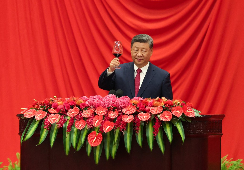 China’s President Xi Jinping toasts during the National Day reception on the eve of the 76th founding anniversary of the People's Republic of China, at the Great Hall of the People in Beijing, China September 30, 2025. (Reuters)