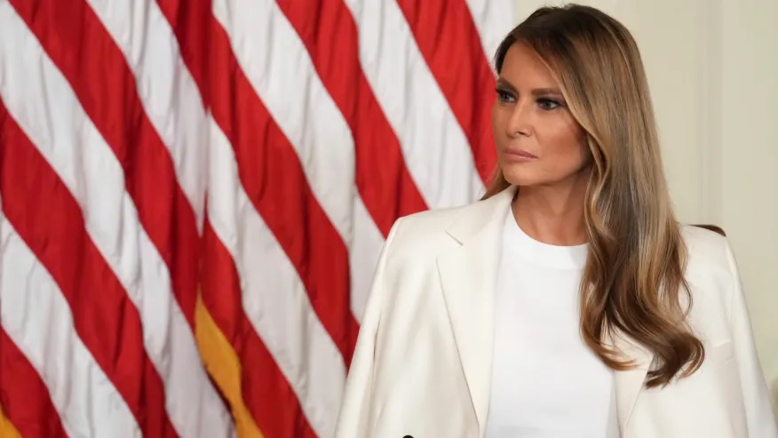 First lady Melania Trump attends an event unveiling a U.S. Postal Service Stamp honoring former first lady Barbara Bush, Thursday, May 8, 2025, in the East Room of the White House in Washington. (AP Photo/Jacquelyn Martin)