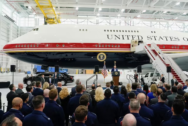 U.S. President Donald Trump delivers a speech as he stands in front of the VC-25B aircraft gifted by Qatar that will be used as Air Force One, at Joint Base Andrews, Maryland, U.S., June 19, 2026. REUTERS/Elizabeth Frantz 