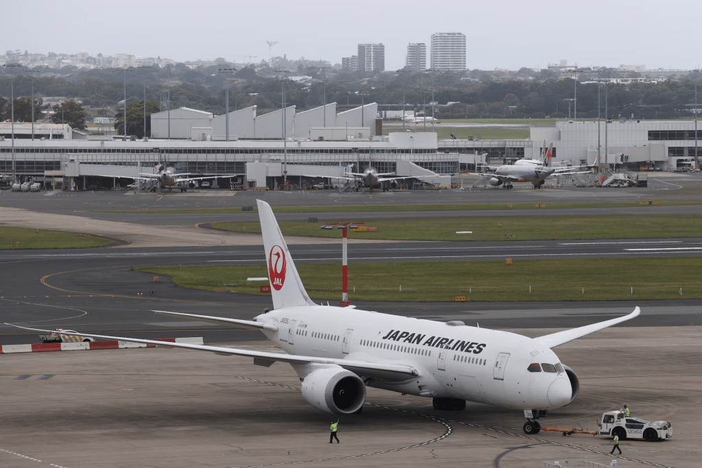 A Japan Airlines plane is seen from the international terminal at Sydney Airport, as countries react to the new coronavirus Omicron variant amid the coronavirus disease (COVID-19) pandemic, in Sydney, Australia, November 30, 2021. REUTERS/Loren Elliott/File Photo