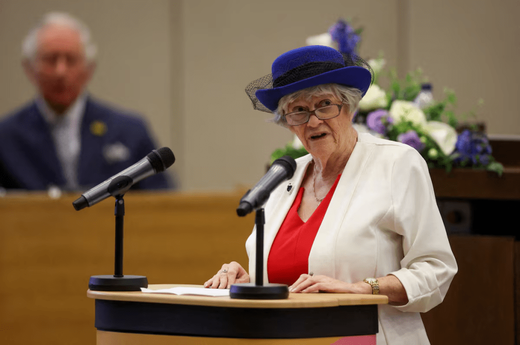 Ann Widdecombe, former member of the European Parliament, speaks at a council meeting during the visit of Britain's Prince Charles and Camilla, Duchess of Cornwall at the Civic Centre in Southend-on-Sea, Britain, March 1, 2022. REUTERS/Matthew Childs/Pool/File Photo