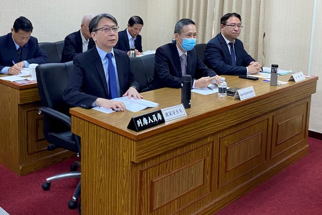 Taiwan National Security Bureau Director-General Tsai Ming-yen (front desk on the left) attends a parliament session in Taipei, Taiwan June 12, 2024. REUTERS/Ben Blanchard/File Photo