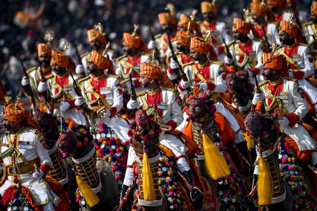 Border Security Force's (BSF) camel-mounted contingent marches during the country's 77th Republic Day parade at Kartavya Path in New Delhi on January 26, 2026. (AFP)