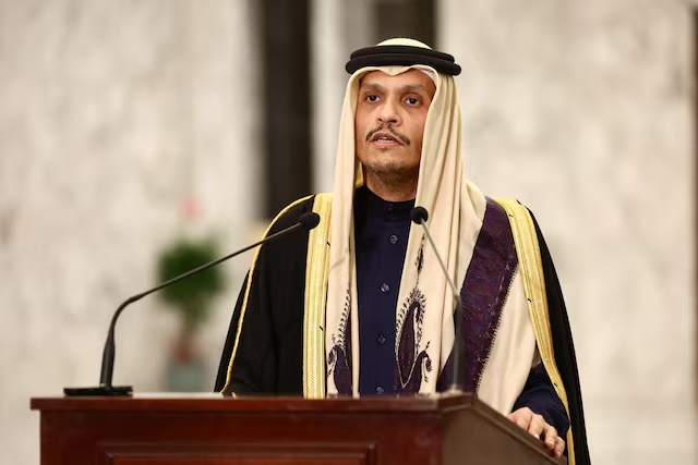Qatari Prime Minister and Foreign Minister Sheikh Mohammed bin Abdulrahman Al Thani delivers a statement after a meeting with the Lebanese president at the presidential palace in Baabda, Lebanon February 4, 2025. REUTERS/Emilie Madi/ File Photo