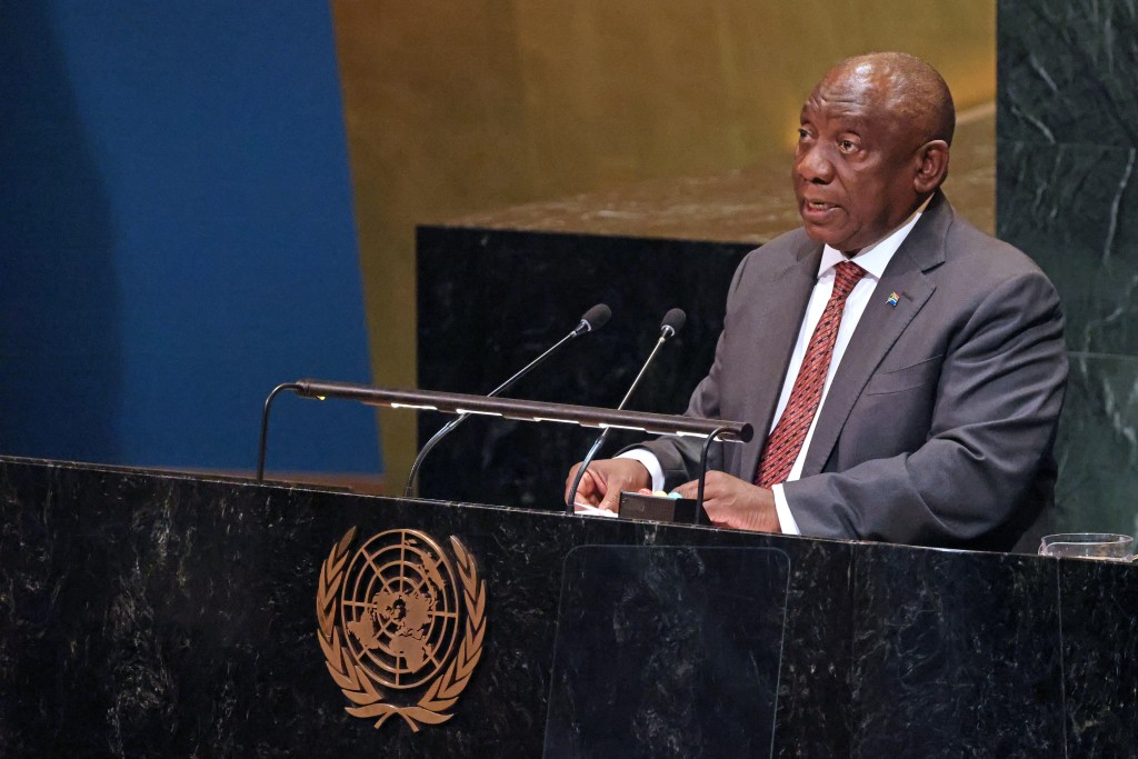 South Africa's President Cyril Ramaphosa speaks during a United Nations Summit on Palestinians at UN headquarters during the United Nations General Assembly (UNGA) in New York on September 22, 2025. (Photo by Ludovic MARIN / AFP)