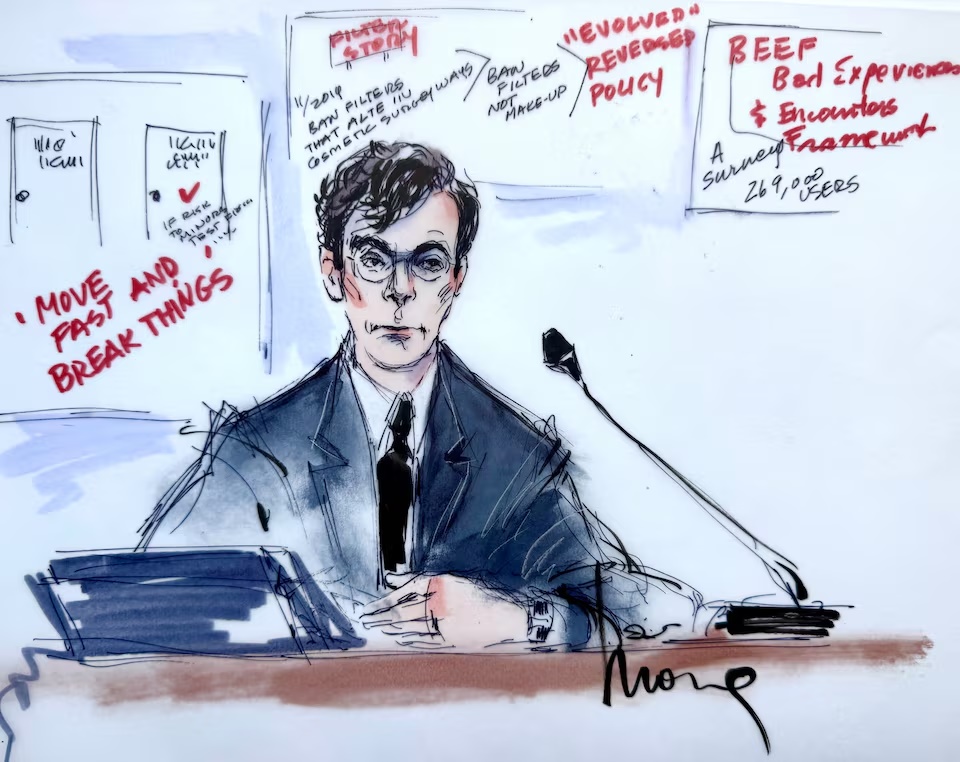 Adam Mosseri, the head of Meta Platforms' Instagram, testifies as part of a trial on what plaintiffs call "social media addiction" in children and young adults, in Los Angeles, California, U.S. February 11, 2026 in a courtroom sketch. REUTERS/Mona Edwards 