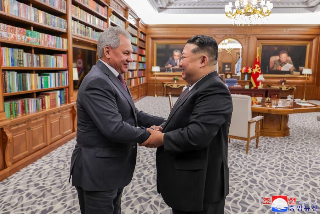 North Korean leader Kim Jong Un shakes hands with Russia's Secretary of the Security Council Sergei Shoigu in Pyongyang, North Korea, June 4, 2025, in this picture released by the Korean Central News Agency. KCNA via REUTERS