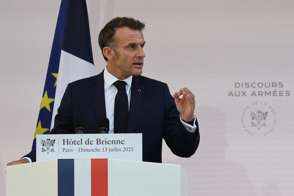 France's President Emmanuel Macron delivers a speech to army leaders at l’Hôtel de Brienne in Paris on July 13, 2025, on the eve of the annual Bastille Day Parade in the French capital. (AFP)