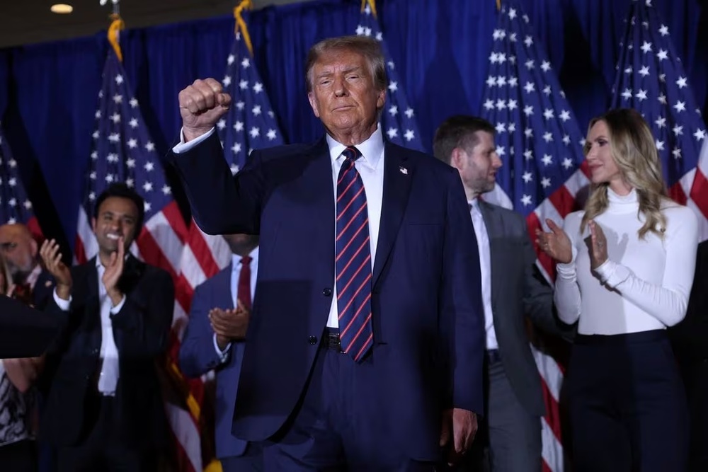 Republican presidential candidate and former U.S. President Donald Trump gestures during his New Hampshire presidential primary election night watch party, in Nashua, New Hampshire, U.S., January 23, 2024. REUTERS/Mike Segar Republican presidential candidate and former U.S. President Donald Trump gestures during his New Hampshire presidential primary election night watch party, in Nashua, New Hampshire, U.S., January 23, 2024. REUTERS/Mike Segar