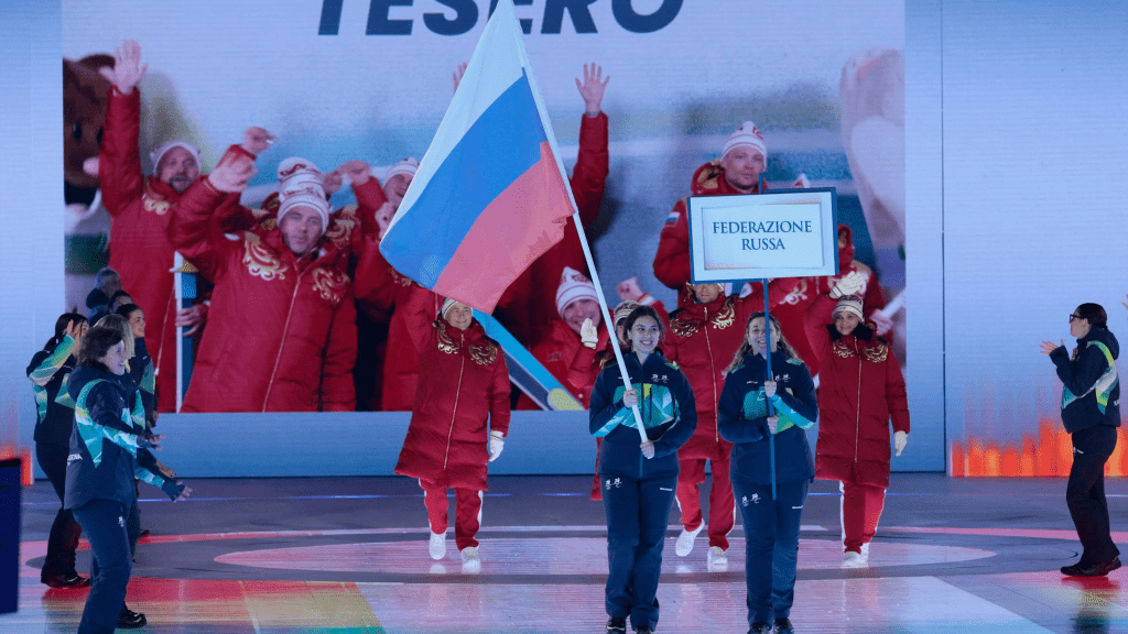 Athletes of Russia in the parade of athletes during the opening ceremony. Pic: Reuters/Remo Casi