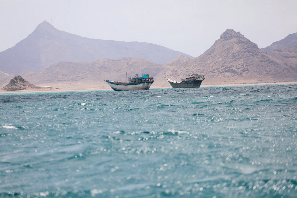 Boats float near the coast of Bab el-Mandeb, Yemen, April 2, 2026. REUTERS/File Photo