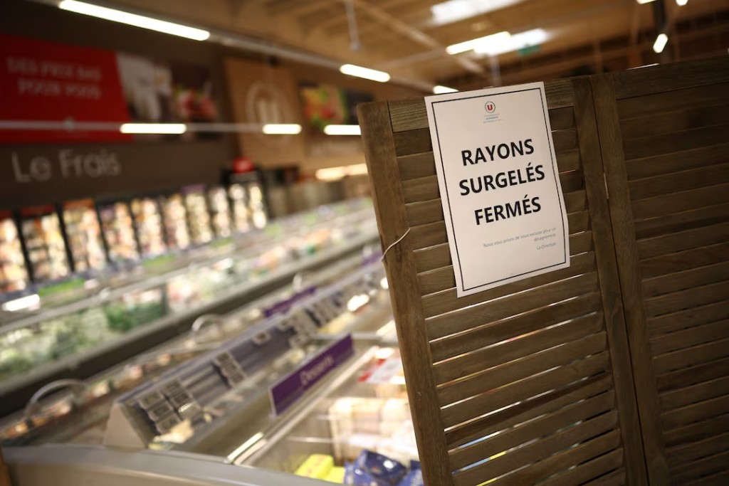 View of the closed frozen food aisle at a supermarket near Nantes after a cyberattack targeted refrigeration systems at French supermarket chains, causing food losses and fires at several stores, France, October 12, 2026. REUTERS/Stephane Mahe