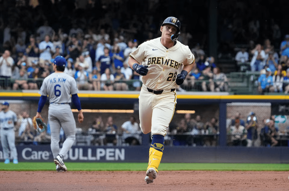 Jul 7, 2025; Milwaukee, Wisconsin, USA; Milwaukee Brewers first baseman Andrew Vaughn (28) rounds the bases after hitting a home run against the Los Angeles Dodgers in the first inning at American Family Field. Mandatory Credit: Michael McLoone-Imagn Images