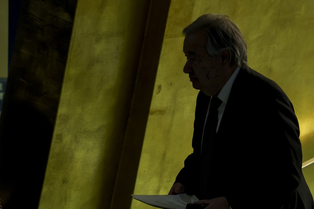 UN Secretary-General Antonio Guterres leaves the 11th Review Conference of the Treaty on the Non-Proliferation of Nuclear Weapons (NPT) at the United Nations Headquarters in New York on April 27, 2026. (Photo by ANGELA WEISS / AFP)
