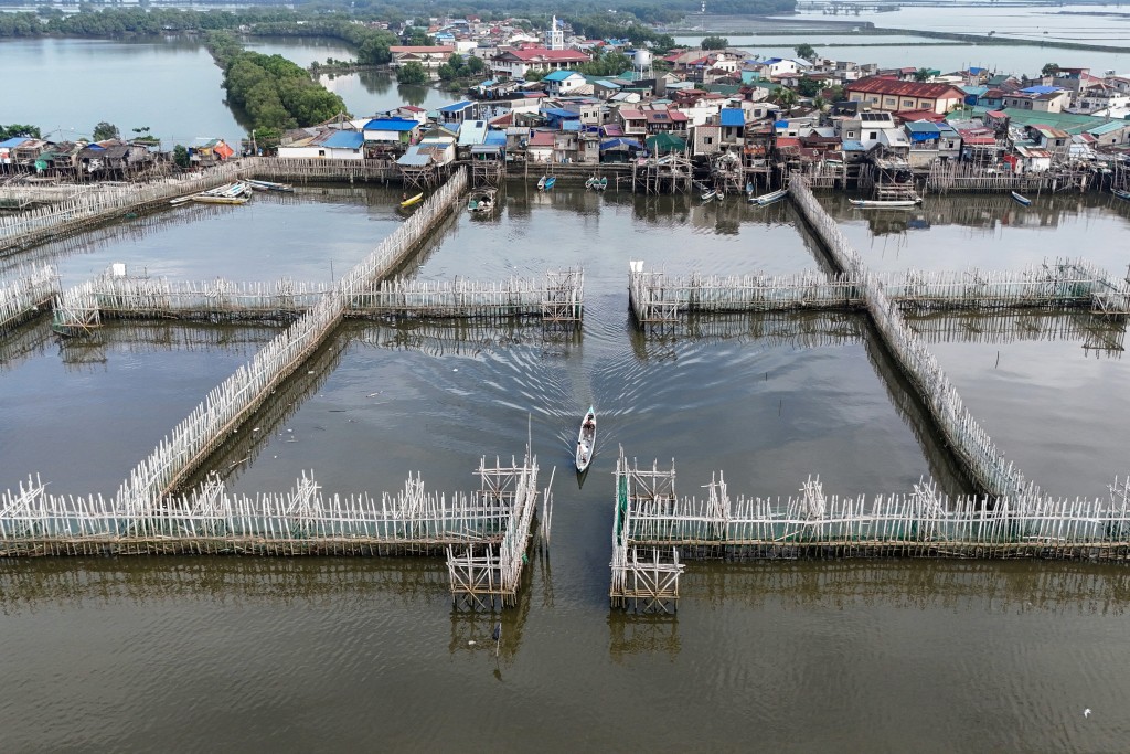 Photo by TED ALJIBE / AFP  An aerial photo taken on October 13, 2026 shows a resident aboard his boat sailing past bamboo sediment traps designed to slow water flow at Pamarawan Island in Malolos City, Bulacan province.