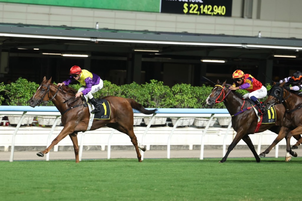 Douglas Whyte-trained Cheerful Wongchoy, first left, wins under jockey Zac Purton.