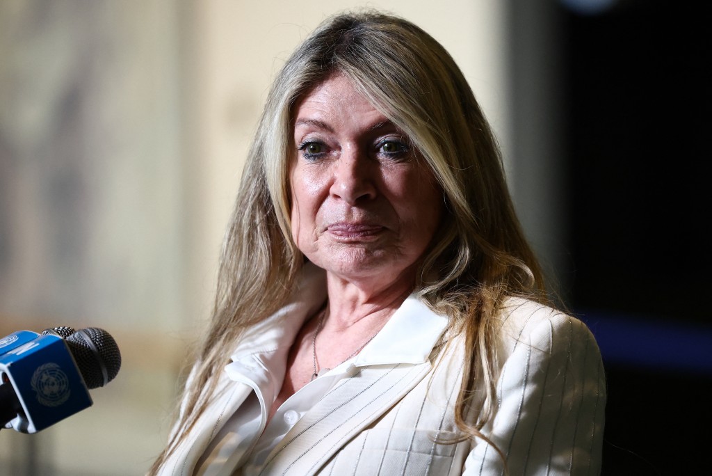 Photo by CHARLY TRIBALLEAU / AFP  Ivonne A-Baki speaks to the press following a hearing to be considered as a candidate to the position of Secretary-General of the United Nations at UN headquarters in New York on August 20, 2026.