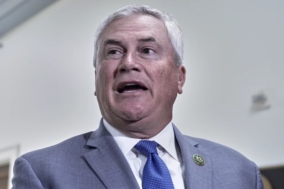 House Oversight Committee Chairman James Comer, R-Ky., speaks to reporters as he arrives for a deposition with former Attorney General Bill Barr, on Capitol Hill, Monday, Aug 18, 2025, in Washington. (AP Photo/Mariam Zuhaib)