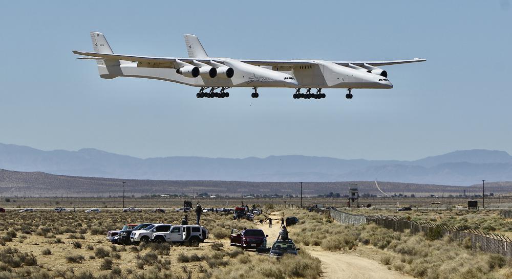 The Stratolaunch aircraft, a six-engine jet with the world's longest wingspan lands at Mojave Air and Space Port during craft's second flight, Thursday, April 29, 2021in Mojave, California.