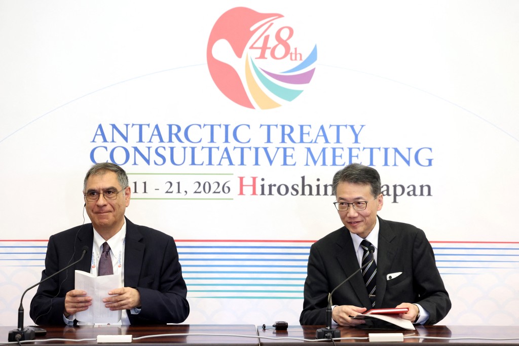 Executive Secretary of the Antarctic Treaty Secretariat Francisco Javier Berguno (L) and Chairperson of ATCM48 Hideki Uyama (R) hold a press conference after the opening ceremony of the 48th Antarctic Treaty Conference of the Consultative Parties (ATCM48) at the Peace Memorial Park in Hiroshima on May 12, 2026. (Photo by PAUL MILLER / AFP)