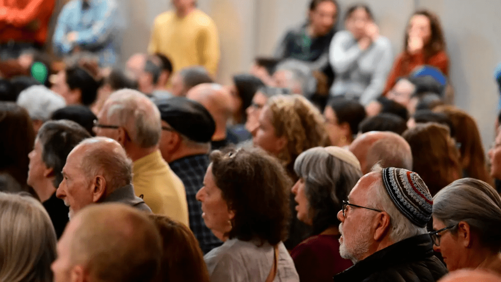Attendees listen to speakers during a community vigil at the Boulder Jewish Community Center, Wednesday, June 4, 2025, in Boulder, Colo. (Andy Cross/The Denver Post via AP, Pool)