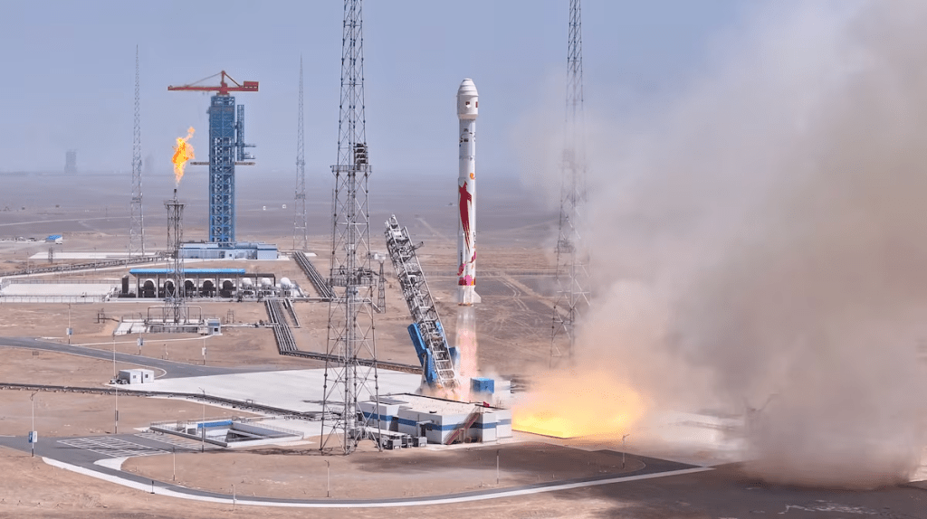 The Zhuque-2E Y2 carrier rocket, a methane-powered rocket developed by LandSpace Technology, takes off from the Jiuquan Satellite Launch Center to launch six satellites into orbit, in China, in this screenshot from a handout video released May 17, 2025. LandSpace/Handout via REUTERS 
