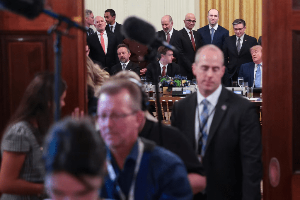 US House Speaker Mike Johnson, US Secretary of Commerce Howard Lutnick, Meta CEO Mark Zuckerberg, and OpenAI President Greg Brockman attend a luncheon for tech leaders hosted by US President Donald Trump in the East Room of the White House in Washington, D.C., US, September 29, 2026. REUTERS/Jonathan Ernst