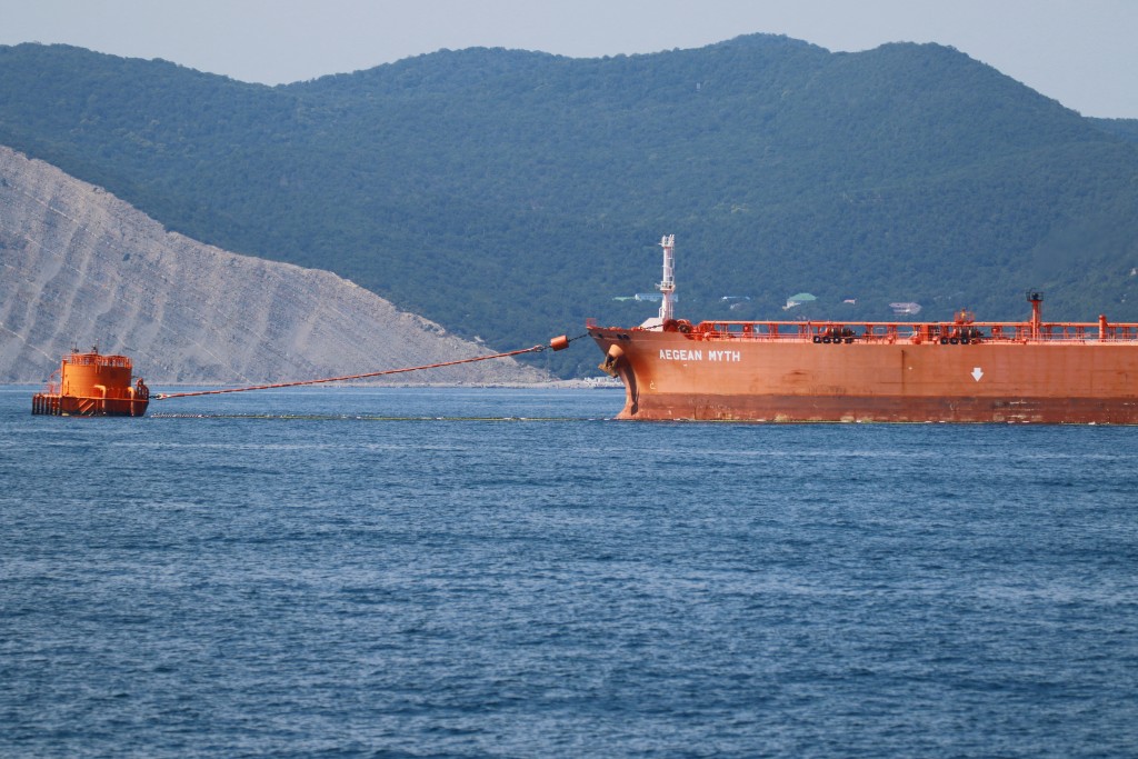 The crude oil tanker Aegean Myth is moored to a single point mooring (SPM) at the Caspian Pipeline Consortium's Marine Terminal in Yuzhnaya Ozereevka near the Black Sea port of Novorossiysk, Russia, July 31, 2021. REUTERS