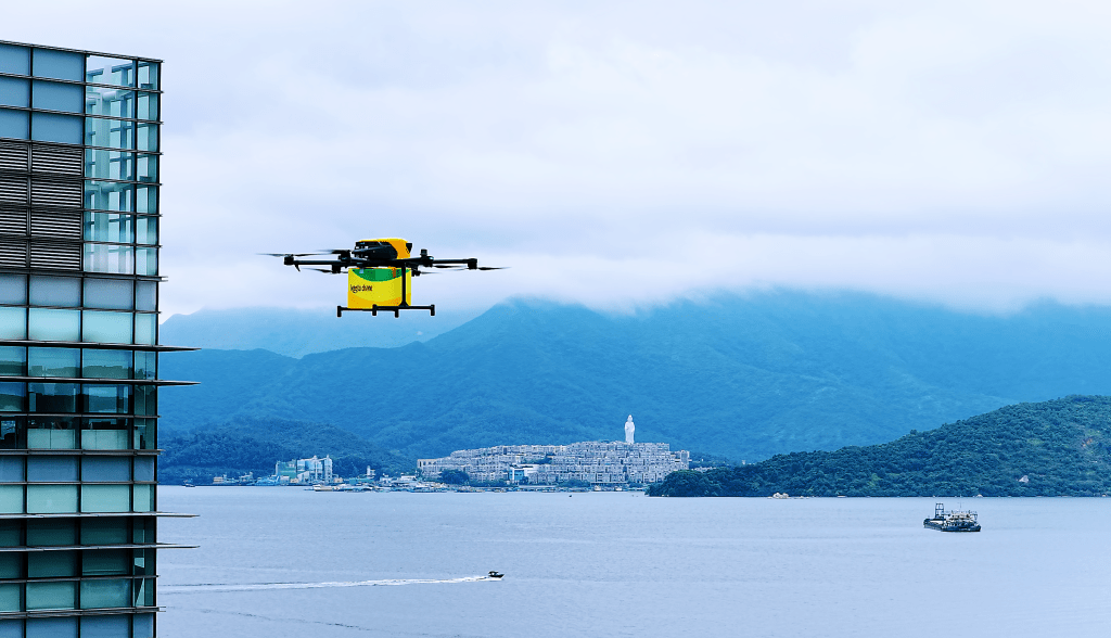 Keeta's drone flies across the sea near Science Park in Sha Tin. Photo by Keeta