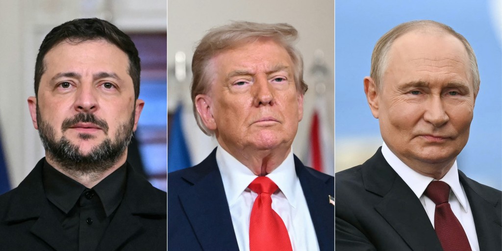 This combination of pictures created o August 18, 2025 shows US President Donald Trump and Ukrainian President Volodymyr Zelensky in Washington, DC, on August 18, 2025 and Russian President Vladimir Putin in Anchorage, Alaska, on August 15, 2025. (Photo by ANDREW CABALLERO-REYNOLDS / AFP)