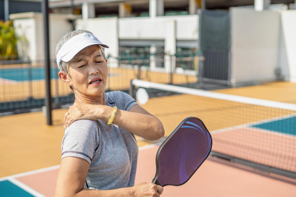 Repeated racket swings can strain the shoulder, elbow and wrist. Quick changes of direction and jumping can lead to ankle sprain