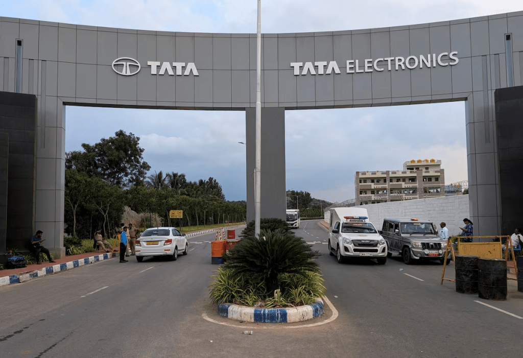 Vehicles pass through the security check at the entrance of Tata Electronics Plant in southern India which makes Apple AAPL.O iPhone component in Hosur, Tamil Nadu, India, September 28, 2024. REUTERS/Haripriya Suresh/File Photo 